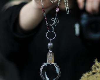 Loepketting, vergrootglas, loephanger, glas, boho-handgemaakt, boho-sieraden, statement