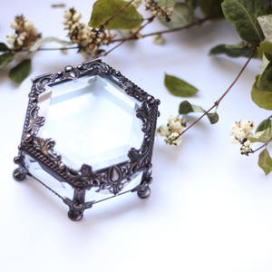 May include: A clear, hexagonal glass jewellery box with ornate, dark metal trim. The box sits on small, rounded feet. Dried flowers and greenery are arranged around the box, creating a vintage aesthetic.