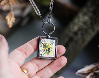 Vintage postzegelketting – glas-in-lood Tiffany-techniek – aanpasbare lengte