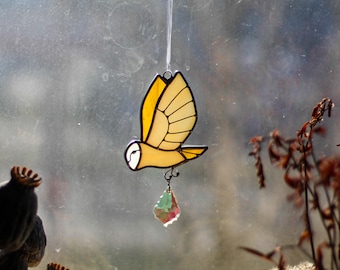 Gebrandschilderde uil – zonnevanger met kristal, kerstornament, sierlijke kerkuil, vogeldecor,