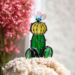 Stained Glass Cactus Decor, Handmade Windowsill Plant Ornament