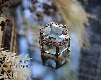Hexagon Glass Ring Box, Copper Wedding Jewelry Casket