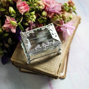 May include: A clear glass jewelry box with ornate silver-colored metal trim and feet. The box sits atop a stack of antique books, with a bouquet of pink and purple flowers in the background.