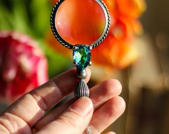 Loepketting, vergrootglas, loephanger, ketting, glazen ketting, boho-handgemaakte hanger, boho-sieraden, statementketting,
