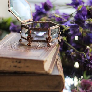 May include: A vintage hexagonal glass and metal jewellery box with a hinged lid, set on a stack of old books. The box has a copper-coloured frame and clear glass panels. Purple flowers are in the background.