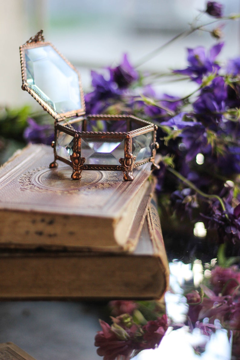 May include: A vintage hexagonal glass and metal jewellery box with a hinged lid, set on a stack of old books. The box has a copper-coloured frame and clear glass panels. Purple flowers are in the background.
