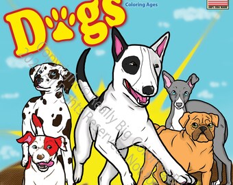 Peut inclure: Un livre de coloriage et d'activités mettant en scène différentes races de chiens, dont un dalmatien, un bull terrier, un lévrier, un carlin, un chihuahua et un westie. La couverture du livre présente le texte "Dogs" en grandes lettres jaunes avec des empreintes de pattes.