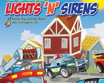 May include: A children's coloring book titled "LIGHTS 'N' SIRENS" featuring illustrations of emergency vehicles, including a red fire truck, a blue police car, and a white ambulance. The cover includes the text "Travel Tablet Coloring Book".