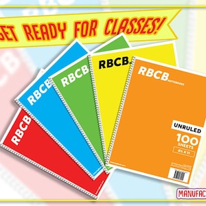 Può includere: Una pila di cinque quaderni non rigati da 100 fogli in rosso, blu, verde, giallo e arancione. I quaderni sono di Really Big Coloring Books Publishing House. Il testo "Get Ready for Classes!" è in alto nell'immagine.