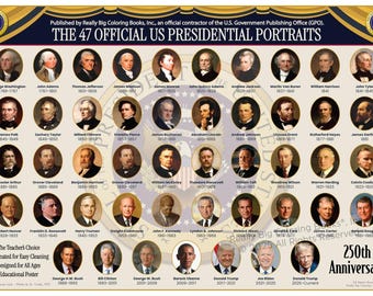 Póster de los presidentes de EE. UU. actualizado en 2025. Conmemoración del 250.º aniversario del aula.