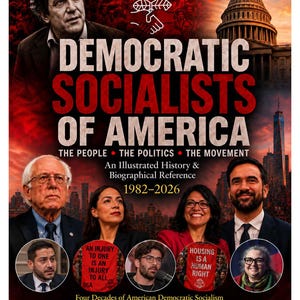 May include: A book cover titled Democratic Socialists of America: The People, The Politics, The Movement, An Illustrated History & Biographical Reference 1982-2026 by N. Wayne Bell, featuring portraits of political figures and the U.S. Capitol building.