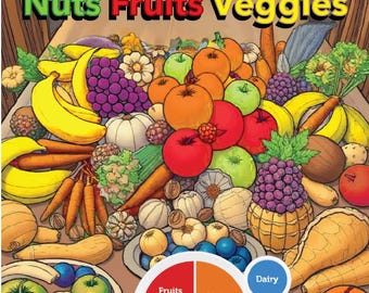 Libro para colorear de frutos secos, frutas, verduras y proteínas