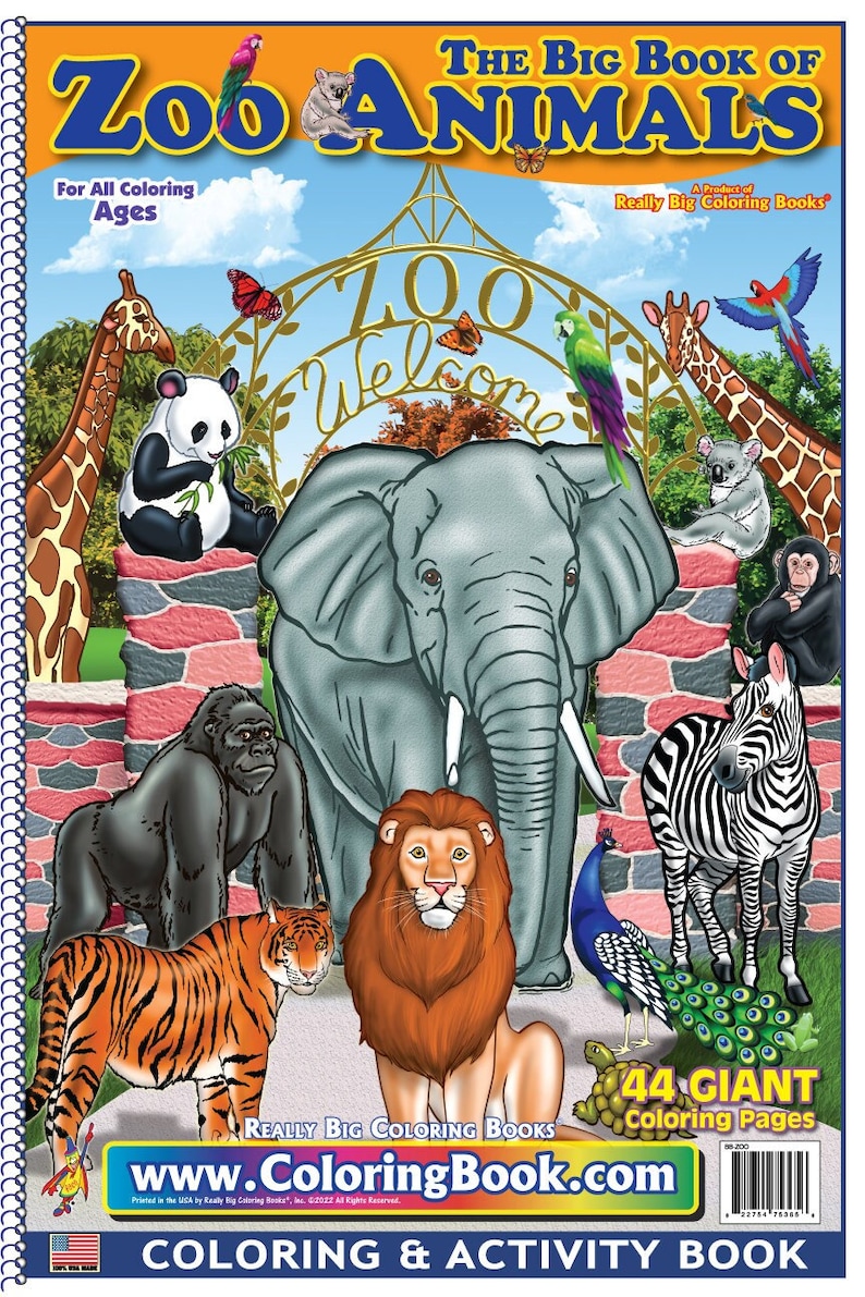 May include: A colorful cover for a coloring and activity book featuring a variety of zoo animals, including a giraffe, panda, elephant, gorilla, lion, zebra, and a peacock. The cover has the title "The Big Book of Zoo Animals" and the text "44 Giant Coloring Pages".