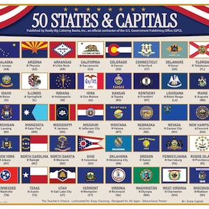 Op de afbeelding: Een kleurrijke educatieve poster getiteld "50 Staten & Hoofdsteden" met de vlaggen van de 50 Amerikaanse staten, met de hoofdstad van elke staat eronder vermeld. De poster bevat een gouden zegel met de tekst "250th Anniversary".