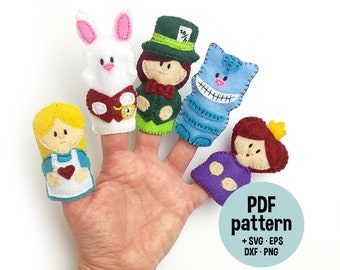 Alice in Wonderland finger puppets pdf pattern: Alice, White Rabbit, Chesire Cat, Mad Hatter, Queen of Hearts