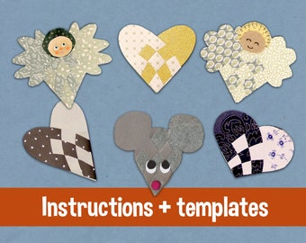 May include: Instructions and templates for creating six paper ornaments: a heart with a checkered pattern, a heart with a gold and white pattern, a heart with a black and white pattern, a heart with a blue and white pattern, a mouse with gray fur, and an angel with a white and gray pattern.