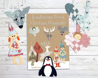 May include: A book titled "Scandinavian Woven Christmas Ornaments" by Charlotte Engel. The book cover features illustrations of woven ornaments, including a reindeer, a penguin, a gnome, and a Christmas tree.