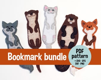 Book lover gift, DIY felt bookmark bundle. Patterns: Cat, Otter, Beaver, Fox, Wolf