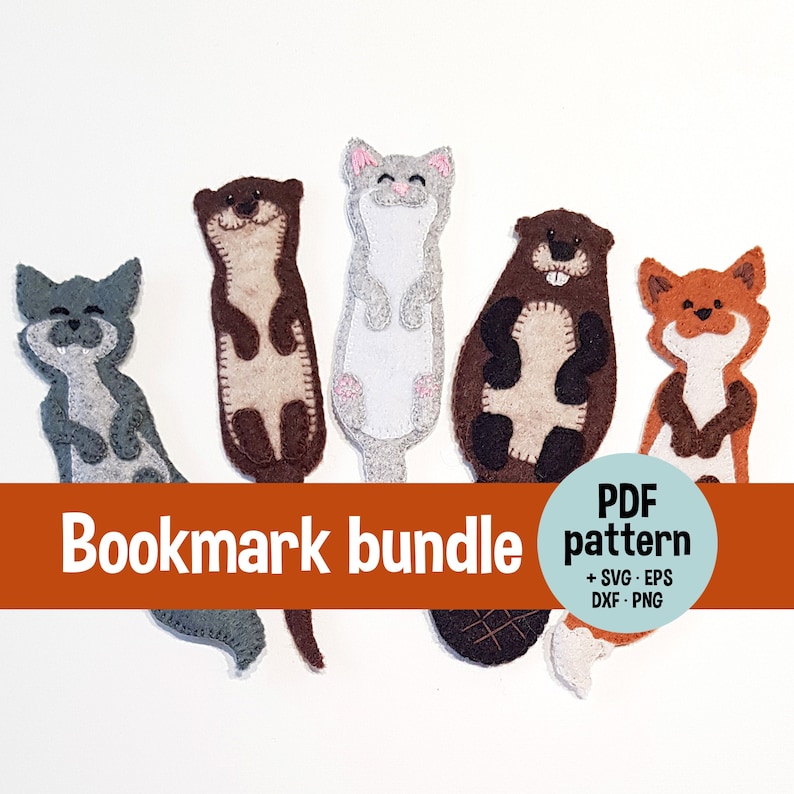 May include: A collection of handmade felt animal bookmarks, including a wolf, otter, cat, beaver, and fox. The bookmarks are in various colors, with the text "Bookmark bundle" and "PDF pattern" visible.