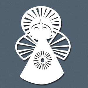 May include: White paper cut-out of an angel with a halo and wings. The angel has a simple face with closed eyes and a small smile.