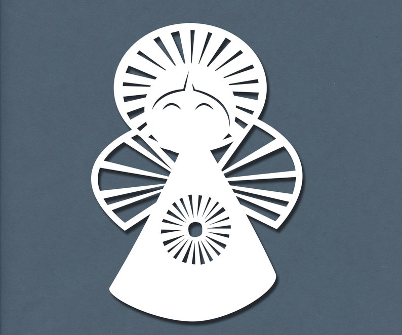May include: White paper cut-out of an angel with a halo and wings. The angel has a simple face with closed eyes and a small smile.