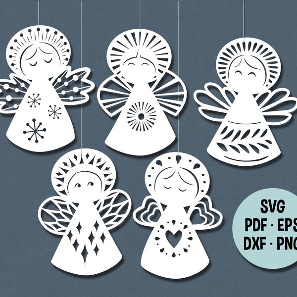 Scandinavian Christmas Angels for papercutting DIY, svg, pdf, eps, dxf and png cutting files for Cricut, Silhouette etc.