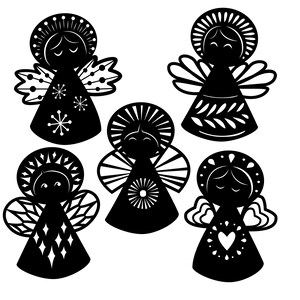 May include: Five black silhouette angel ornaments with different designs. Each angel has a halo, wings, and a dress with a unique pattern.