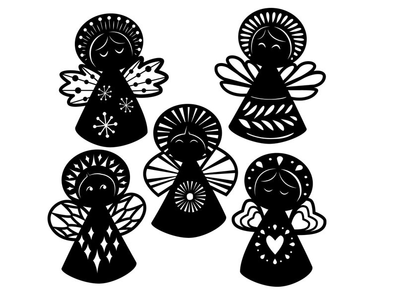 May include: Five black silhouette angel ornaments with different designs. Each angel has a halo, wings, and a dress with a unique pattern.