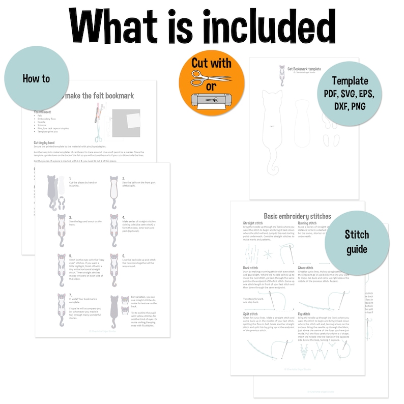 May include: A page titled "What is included" with instructions for making a felt bookmark. Includes a cat bookmark template and a stitch guide. The template is available in PDF, SVG, EPS, DXF, and PNG formats.