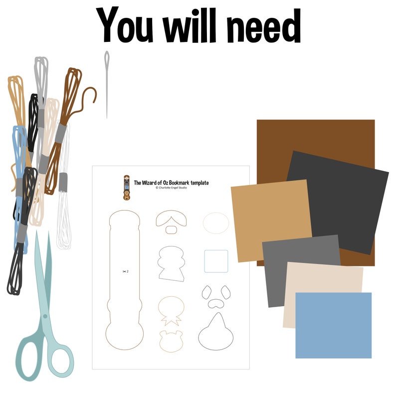 May include: A craft project supplies kit for making a Wizard of Oz bookmark. The kit includes a template, felt in brown, tan, gray, white, and blue, embroidery floss in various colors, a needle, and scissors.