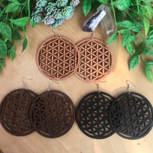 huge wooden flower of life, seed of life earrings | giant 3.5&quot; laser cut wood circular earrings