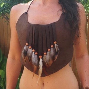 suede leather fringe festival crop top with feathers and wooden beads cropped length now available fringed faux leather image 2