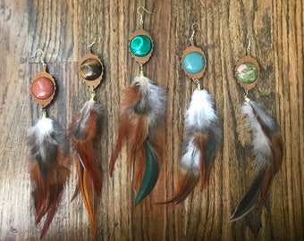 rooster feather wooden leaf earrings with 1/2" stones: Malachite, Tiger's Eye, Unakite, Green Adventurine, and Goldstone