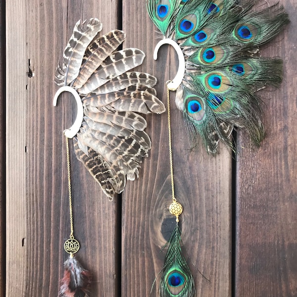 feather ear cuff: pheasant feather and peacock feather with hypoallergenic metal
