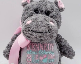 Personalized Baby Gift, Hippo Stuffed Animal, Birth Announcement baby gift, Personalized Hippo Baby Shower Gift