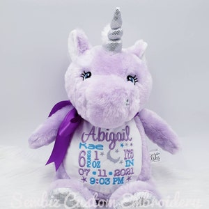 Unicorn Stuffed Animal, Birth Announcement baby gift, Personalized lilac Unicorn, Baby Shower Gift