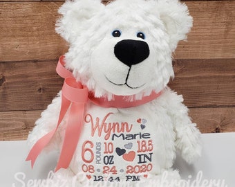 Personalized Baby Gift,Birth Announcement Stuffed Animal,Personalized Stuffed Bear, Baptism gift, Adoption gift,Bobby White Bear