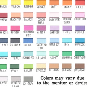 May include: A color chart featuring forty-two horizontal ribbon swatches in various shades, including lemon, yellow, sunshine, orange, rust, pumpkin, red, sangria, peach tea, salmon, conch shell, baby pink, cotton candy, bubblegum, pink rose, fuchsia, shocking pink, magenta, lavender, iris, purple, lt navy, dk navy, blue, porcelain blue, little boy, sky, peacock, aqua, teal, robbins egg, lt mint, mint, green, christmas, kelly, fir, lime, lt gold, lt brown, brown, dk brown, silver, winter gray, and dk gray.