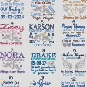 May include: A collection of twelve embroidered memorial designs featuring names, dates, and phrases like 'Our Sweet Angel' and 'Forever in our Hearts'. The graphics include angel wings, halos, and baby footprints in various colors and fonts.