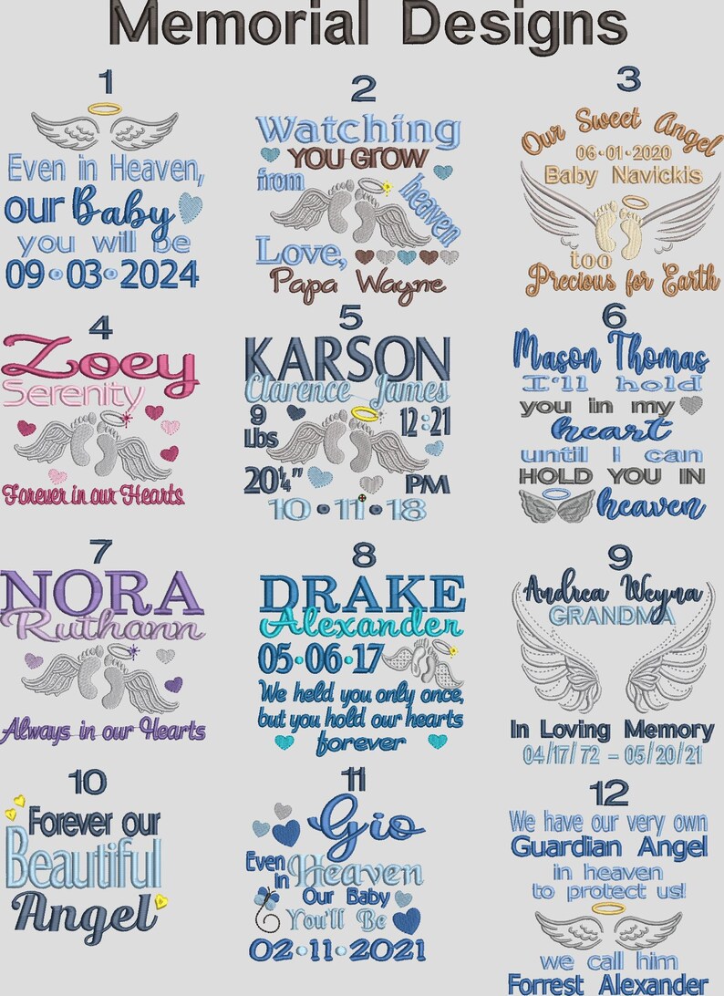 May include: A collection of twelve embroidered memorial designs featuring names, dates, and phrases like 'Our Sweet Angel' and 'Forever in our Hearts'. The graphics include angel wings, halos, and baby footprints in various colors and fonts.