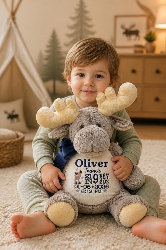 Personalized Moose Stuffed Animal, Birth Announcement Keepsake, Soft Plush Toy