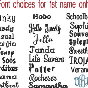 May include: A chart displaying various font styles for embroidery, titled Font choices for 1st name only in red text. The list includes names like Blinky, Brody, Casual, Dahlia, Disney, Dr Soos, Gorditas, Hana, Heartbeat, Hobo, Hello Sweety, Jello, Janda, Life Savers, Potter, Rocheser, Samantha, Schoolbook, Sophia, Souvenir, SpicyRice, Sweetheart, TROJAN, Veranda, and a blue monogram OBK.