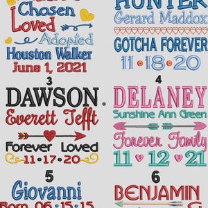 May include: Six embroidered adoption design templates featuring names, dates, and phrases like Wanted, Chosen, Loved, Adopted, Hunter, Gotcha Forever, Dawson, Everett Tefft, Delaney, Sunshine Ann Green, Forever Family, Giovanni, Benjamin, and It's My Gotcha Day.
