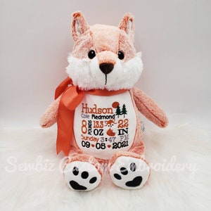 Fox Stuffed Animal, Birth Announcement baby gift, Personalized Fox, Baby Shower Gift