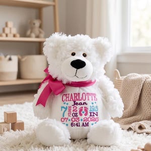 May include: A white plush teddy bear with a bright pink ribbon tied around its neck. The bear's chest is embroidered with the name Charlotte Jean, along with birth details including 7 pounds, 2 ounces, 19.5 inches, 07.03.2026, and 6:41 AM.