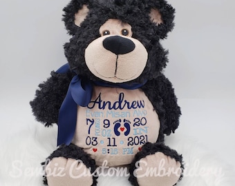 Personalized Baby Gift,Birth Announcement Stuffed Animal,Personalized Stuffed Bear, Baptism gift, Adoption gift,Bobby Black Bear