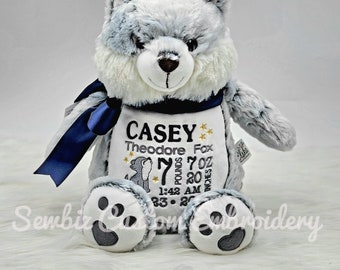 Wolf Stuffed Animal, Birth Announcement baby gift, Personalized  grey wolf, Baby Shower Gift