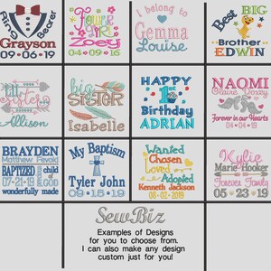 May include: A grid of twelve embroidered designs featuring names, dates, and phrases like Ring Bearer, Flower Girl, Big Brother, Big Sister, Happy 1st Birthday, My Baptism, and Forever Family, with colorful fonts, arrows, feathers, and icons.