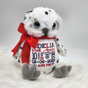 Personalized Snow Owl Stuffed Animal, Birth Announcement Baby Gift