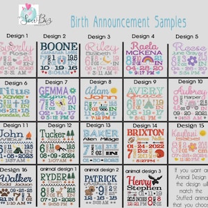 May include: A grid of sixteen embroidered birth announcement samples featuring names, dates, times, and birth measurements in pounds and inches. The text includes various baby names and dates, with decorative icons like hearts, stars, and animals.